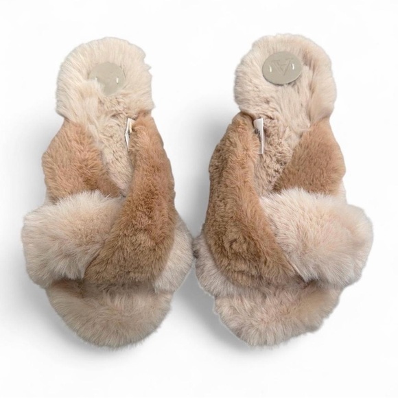 Anthropologie Lexi Slippers - Plush Crisscross Fur Slides M/L - Beige & Cream - Picture 2 of 7